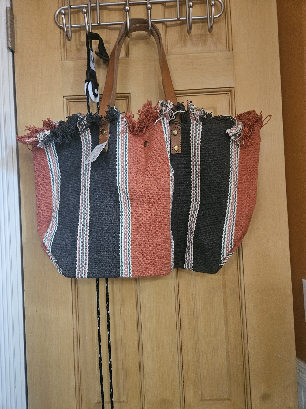 Free People Woven Striped Tote Bag - Orange & Navy